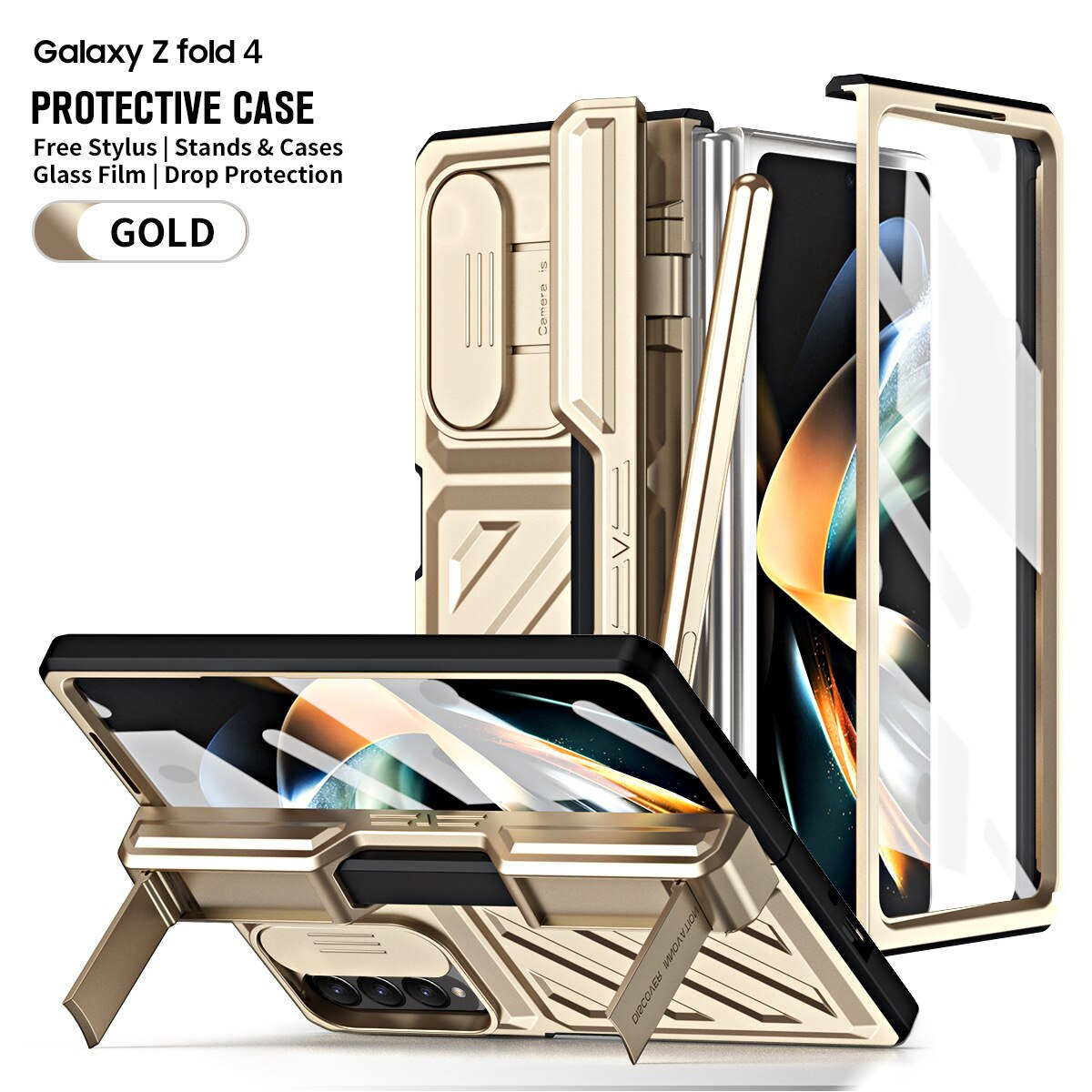 For Samsung Galaxy Z Fold 5/4 Case Gold Steel Hinge Invisible Bracket With Pen Slot Screen Film Cover CaseSpot