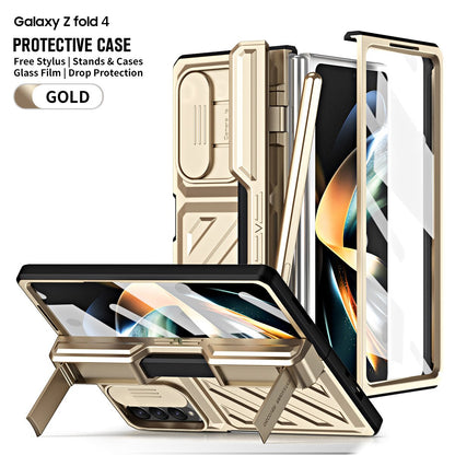 For Samsung Galaxy Z Fold 5/4 Case Gold Steel Hinge Invisible Bracket With Pen Slot Screen Film Cover CaseSpot