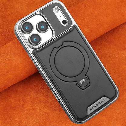 Magnetic Bracket Attraction Cowhide Leather Plating Phone Cover For iPhone 17/ 16/ 15/ 14