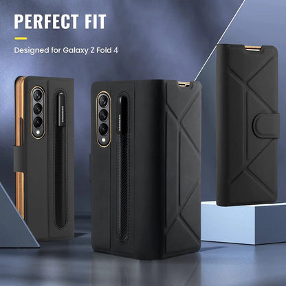 For Samsung Galaxy Z Fold 4 Case Luxury Texture Leather With Pen Holder Slot Screen Protector Shockproof Folding Cover - theroxymob
