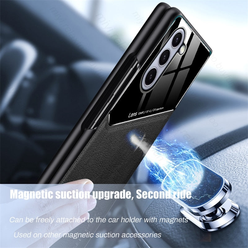 Leather Back Cover Soft Silicone Edge Shockproof Car Magnetic Holder For Samung Galaxy Z Fold 5 CaseSpot