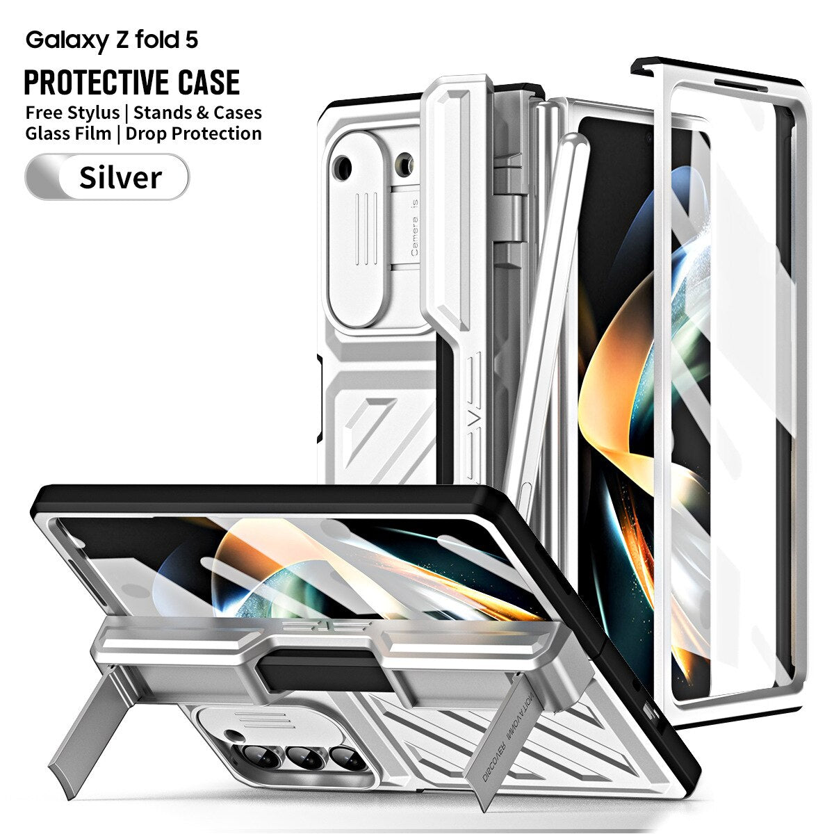 For Samsung Galaxy Z Fold 5/4 Case Gold Steel Hinge Invisible Bracket With Pen Slot Screen Film Cover CaseSpot