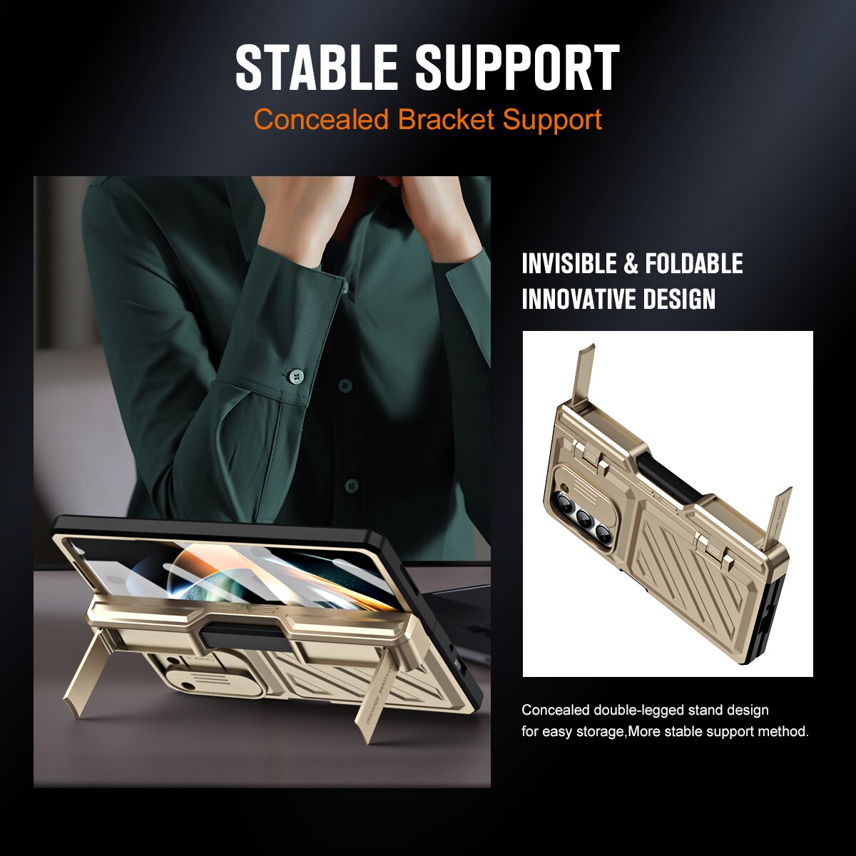 For Samsung Galaxy Z Fold 5/4 Case Gold Steel Hinge Invisible Bracket With Pen Slot Screen Film Cover CaseSpot