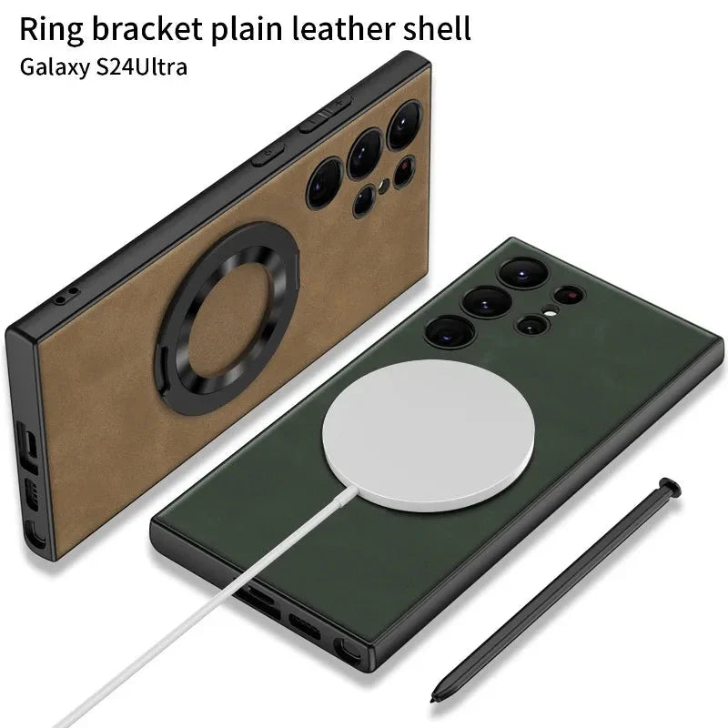 Frosted Leather Magnetic Ring Kickstand Phone Case for Samsung S24 Series CaseSpot