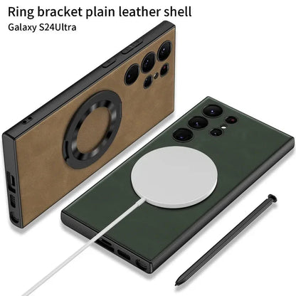 Frosted Leather Magnetic Ring Kickstand Phone Case for Samsung S24 Series CaseSpot