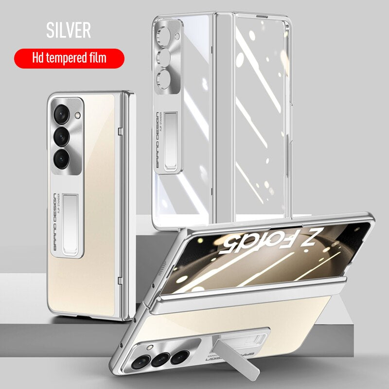 Electroplated Transparent Hinge Case For Samsung Galaxy Z Fold5 Shockproof Protective Clear Cover with Bracket Front Film CaseSpot