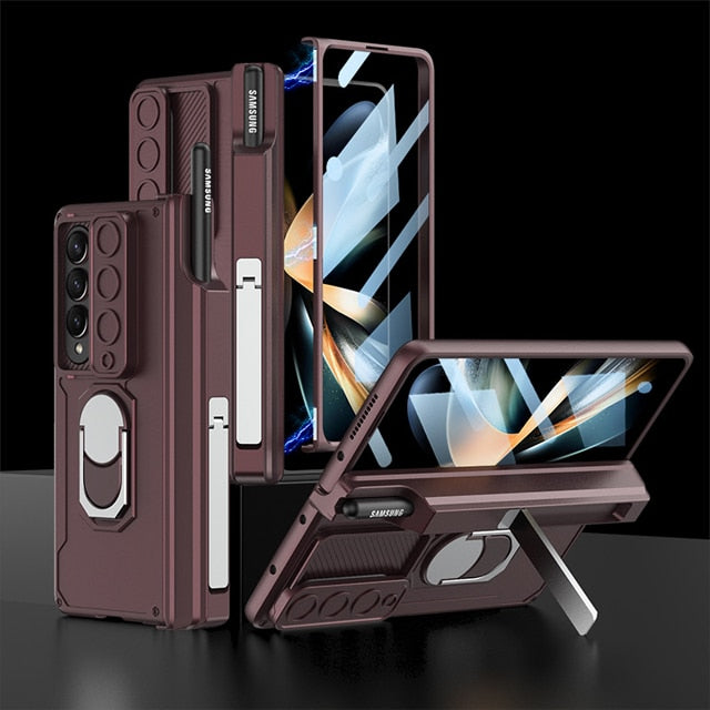 Luxury Case With S Pen Holder and Hinge Screen Protector Ring Stand Case For Samsung Galaxy Z Fold 5 Z Fold 4 Luxury_Covers