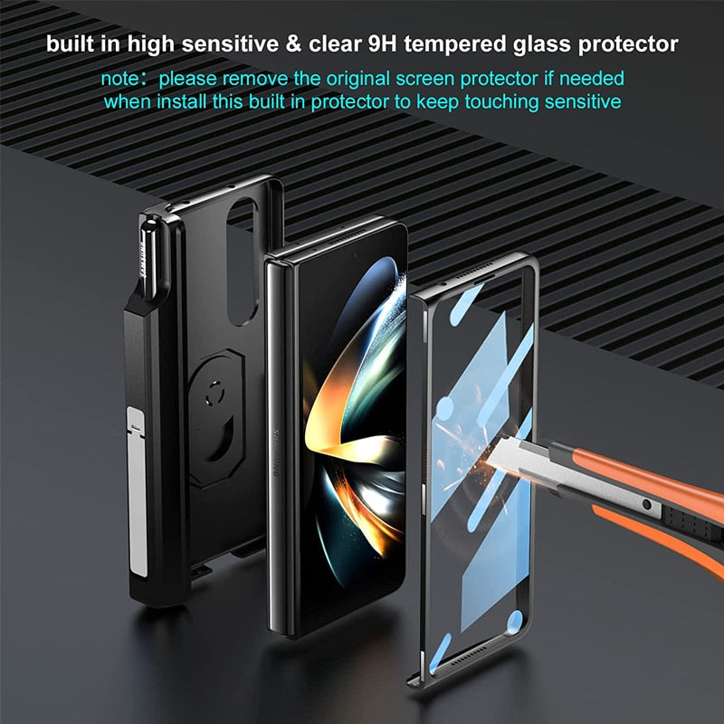 Luxury Case With S Pen Holder and Hinge Screen Protector Ring Stand Case For Samsung Galaxy Z Fold 5 Z Fold 4 Luxury_Covers