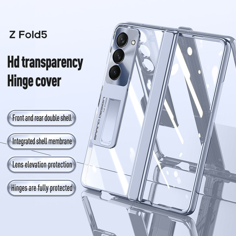 Electroplated Transparent Hinge Case For Samsung Galaxy Z Fold5 Shockproof Protective Clear Cover with Bracket Front Film CaseSpot