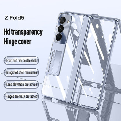 Electroplated Transparent Hinge Case For Samsung Galaxy Z Fold5 Shockproof Protective Clear Cover with Bracket Front Film CaseSpot