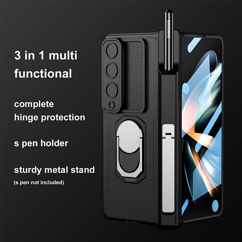 Luxury Case With S Pen Holder and Hinge Screen Protector Ring Stand Case For Samsung Galaxy Z Fold 5 Z Fold 4 Luxury_Covers