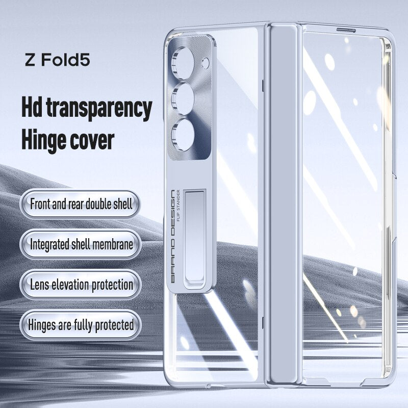 Electroplated Transparent Hinge Case For Samsung Galaxy Z Fold5 Shockproof Protective Clear Cover with Bracket Front Film CaseSpot