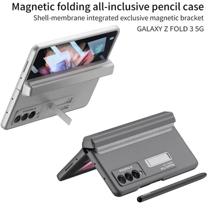 Magnetic Frame Stand All - included Screen Glass Film Case With Hidden S Pen Slot -Case With Pen For Samsung Galaxy Z Fold 4 /3 5G - theroxymob