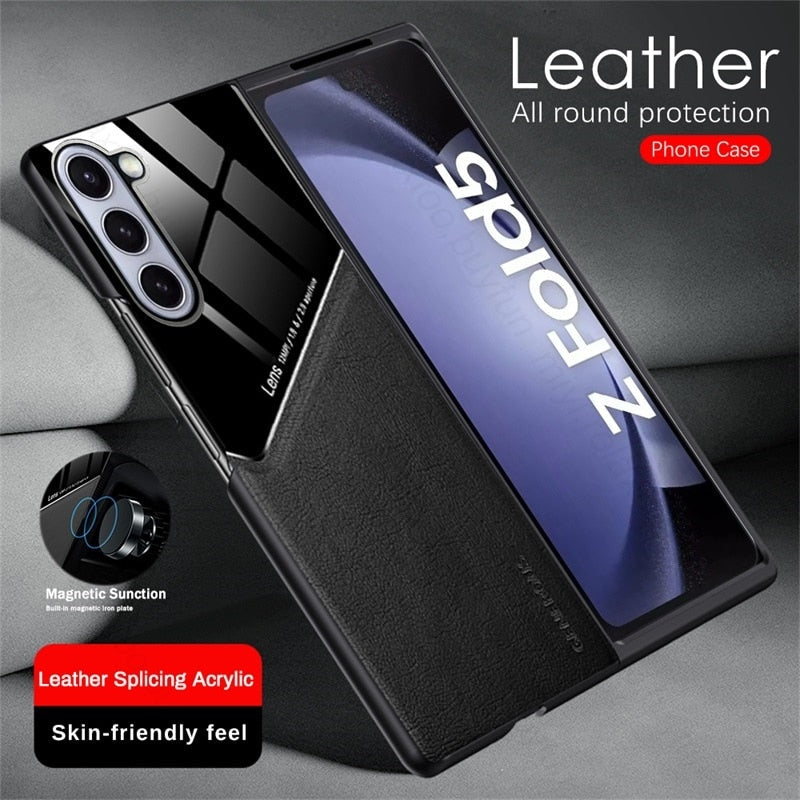 Leather Back Cover Soft Silicone Edge Shockproof Car Magnetic Holder For Samung Galaxy Z Fold 5 CaseSpot