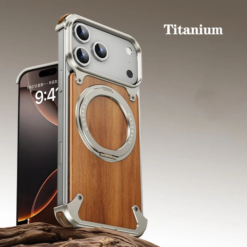 Natural Wooden Frameless Case With Magsafe 360°Rotation Magnetic For iPhone 17 / 16 / 15 / 14