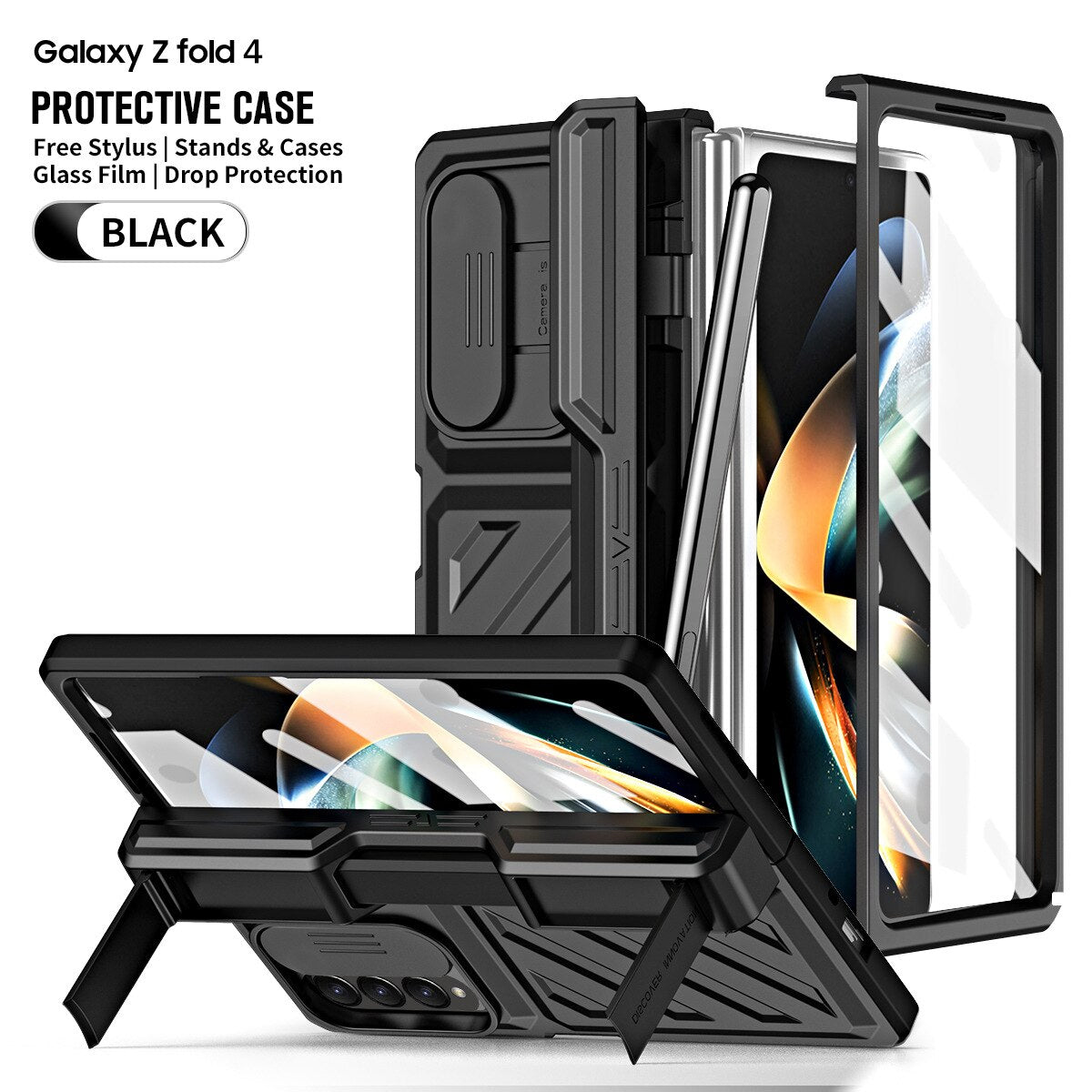 For Samsung Galaxy Z Fold 5/4 Case Gold Steel Hinge Invisible Bracket With Pen Slot Screen Film Cover CaseSpot
