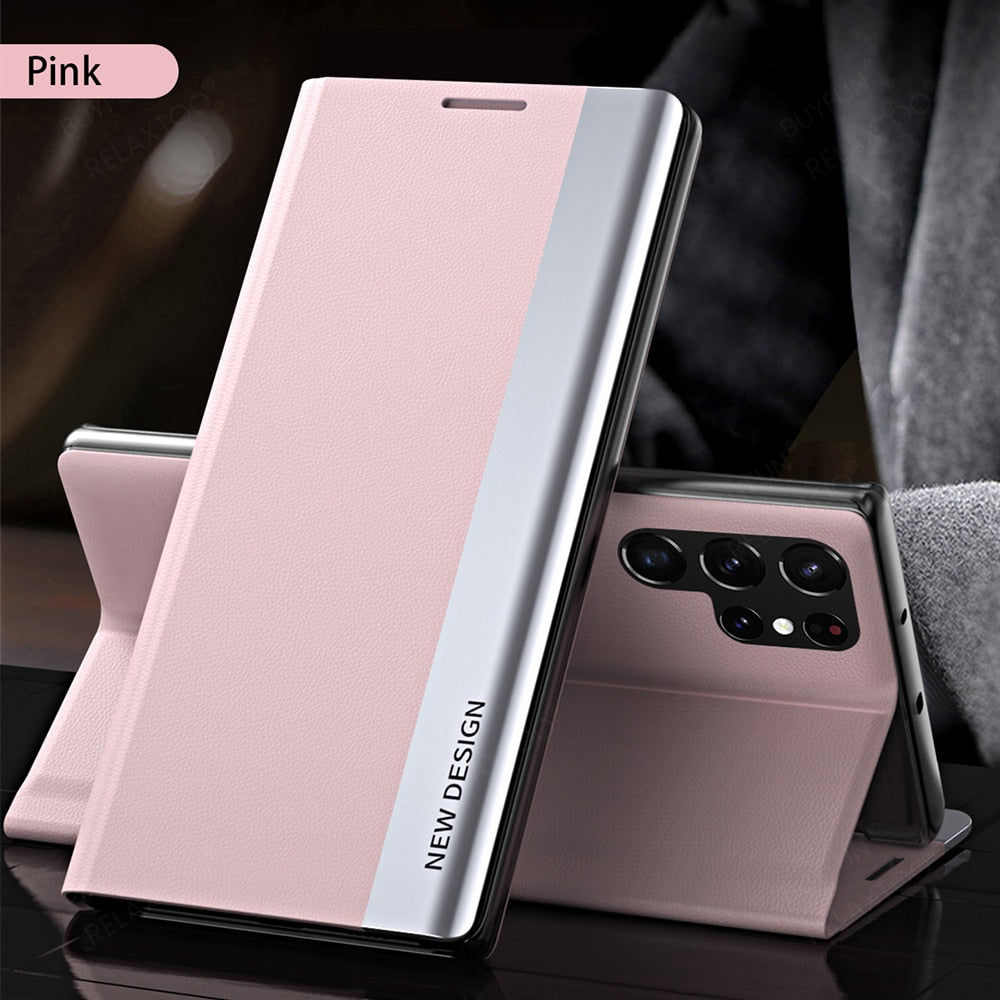 Luxury 6D Plating Leather Flip Magnetic Book Stand Cover For S23 Series - theroxymob