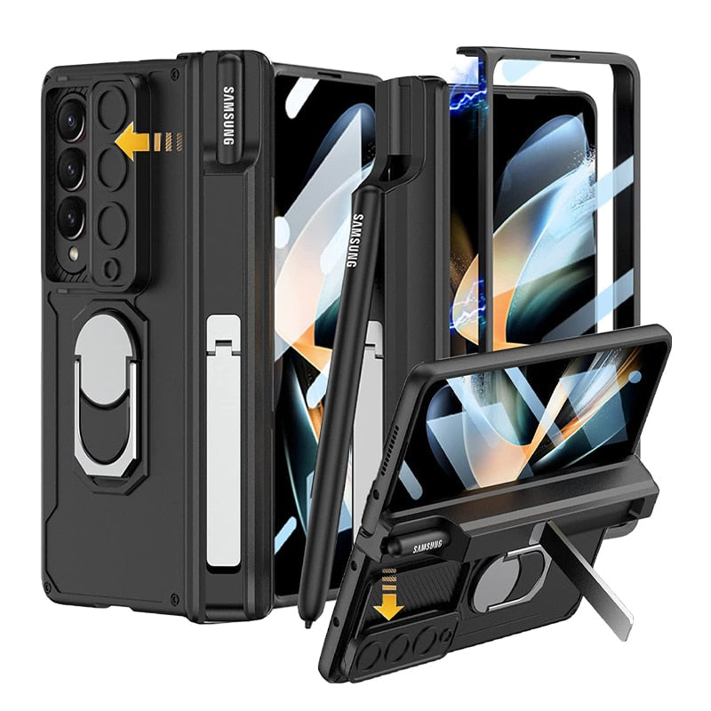 Luxury Case With S Pen Holder and Hinge Screen Protector Ring Stand Case For Samsung Galaxy Z Fold 5 Z Fold 4 Luxury_Covers