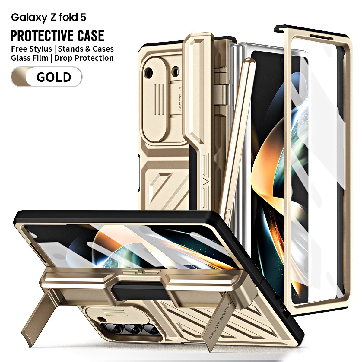 For Samsung Galaxy Z Fold 5/4 Case Gold Steel Hinge Invisible Bracket With Pen Slot Screen Film Cover CaseSpot