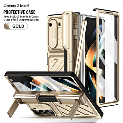 For Samsung Galaxy Z Fold 5/4 Case Gold Steel Hinge Invisible Bracket With Pen Slot Screen Film Cover CaseSpot