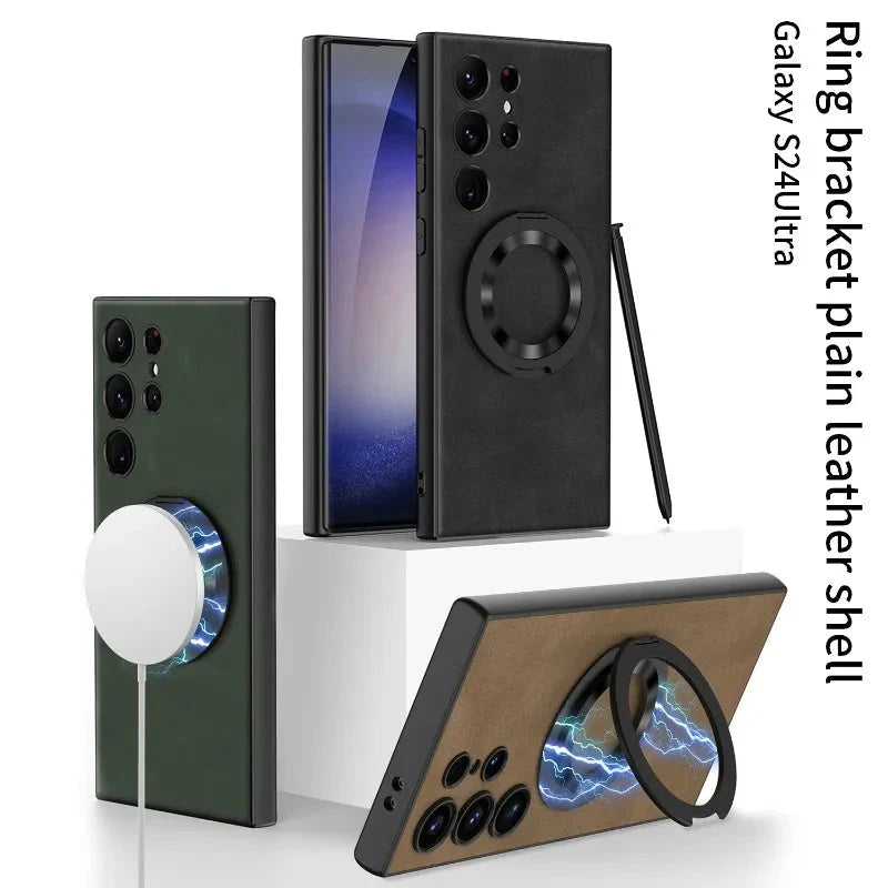 Frosted Leather Magnetic Ring Kickstand Phone Case for Samsung S24 Series CaseSpot