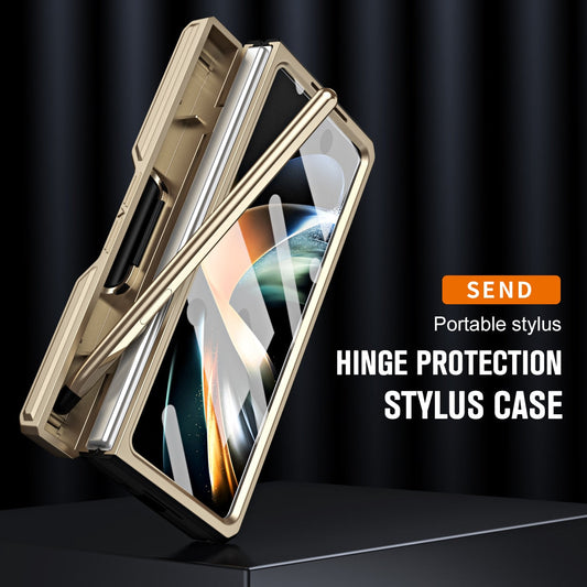 For Samsung Galaxy Z Fold 5/4 Case Gold Steel Hinge Invisible Bracket With Pen Slot Screen Film Cover CaseSpot