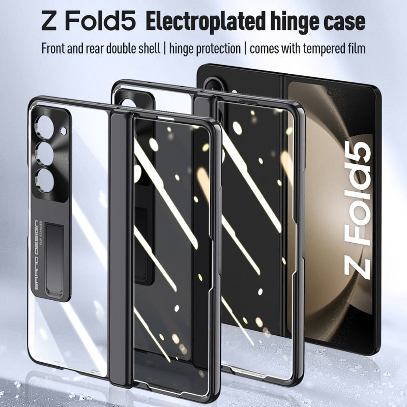 Electroplated Transparent Hinge Case For Samsung Galaxy Z Fold5 Shockproof Protective Clear Cover with Bracket Front Film CaseSpot