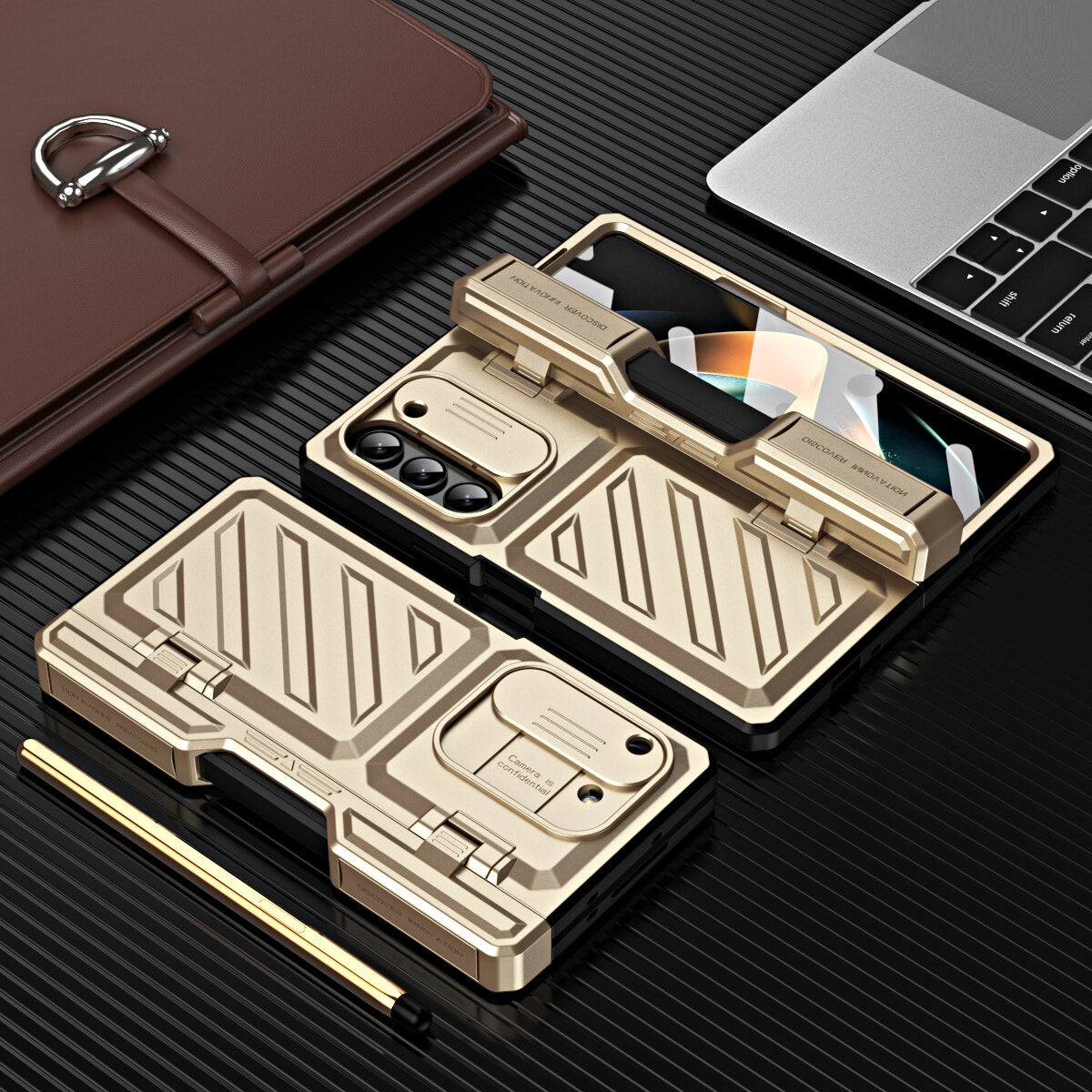 For Samsung Galaxy Z Fold 5/4 Case Gold Steel Hinge Invisible Bracket With Pen Slot Screen Film Cover CaseSpot