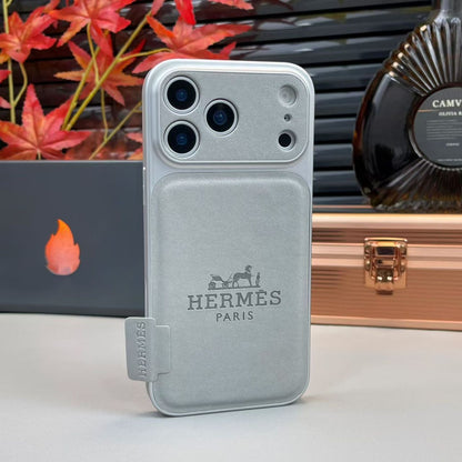 Elegant Grey Leather iPhone Case with a functional pocket and sophisticated designer aesthetic