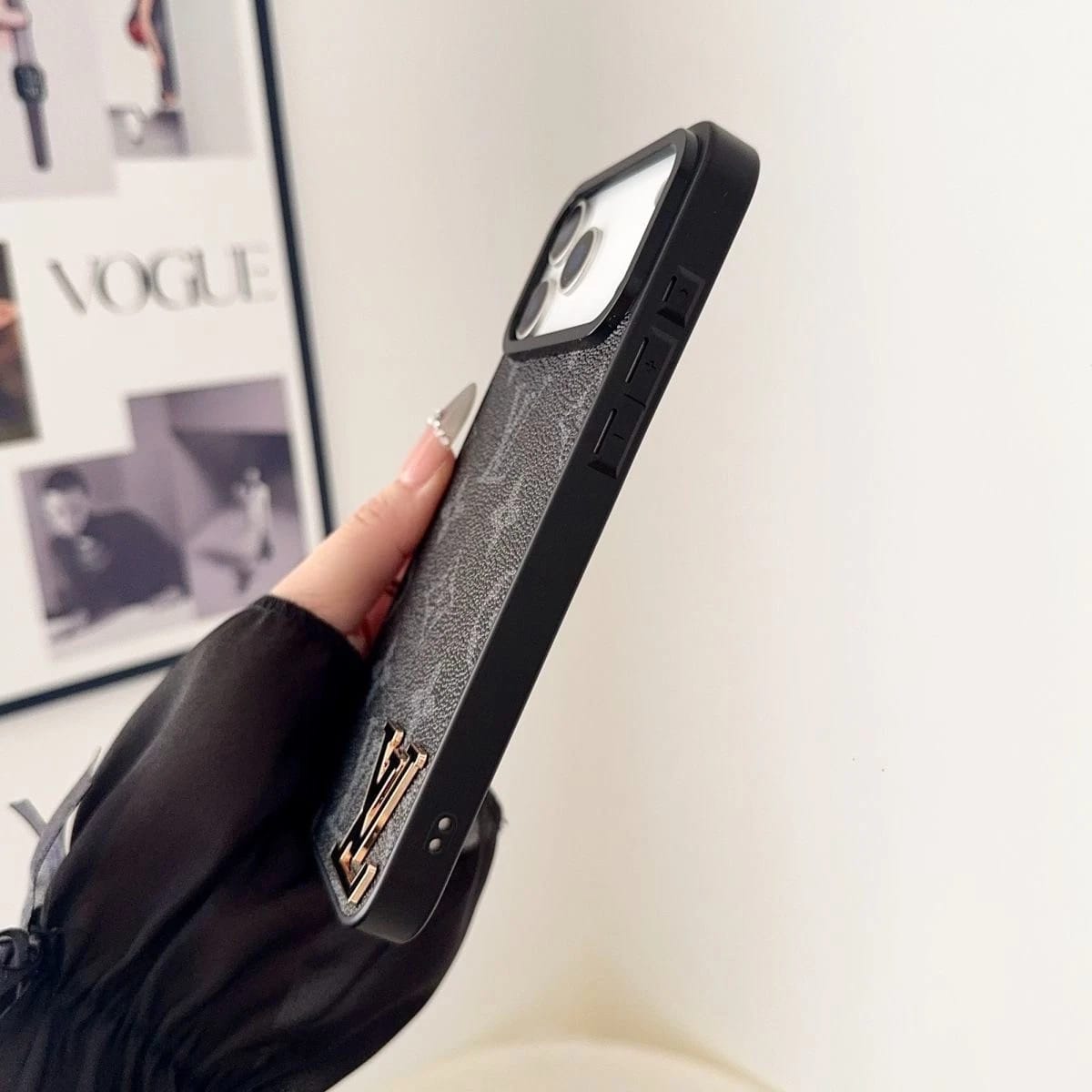 Brand Leather with Black Logo Phone Case for iPhone 12-18 Pro & Pro Max