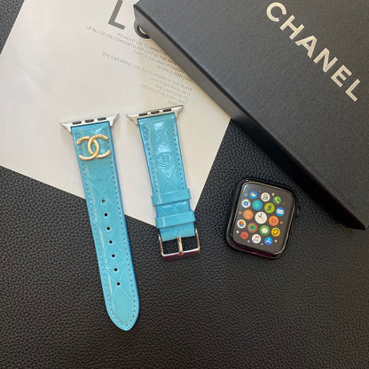 Glossy Leather Apple Watch Strap Luxury Metal Logo Roxy New 2