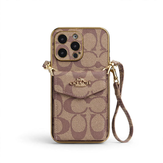 Coach Luxury Logo Accordion Card Holder Leather Crossbody Apple iPhone Case