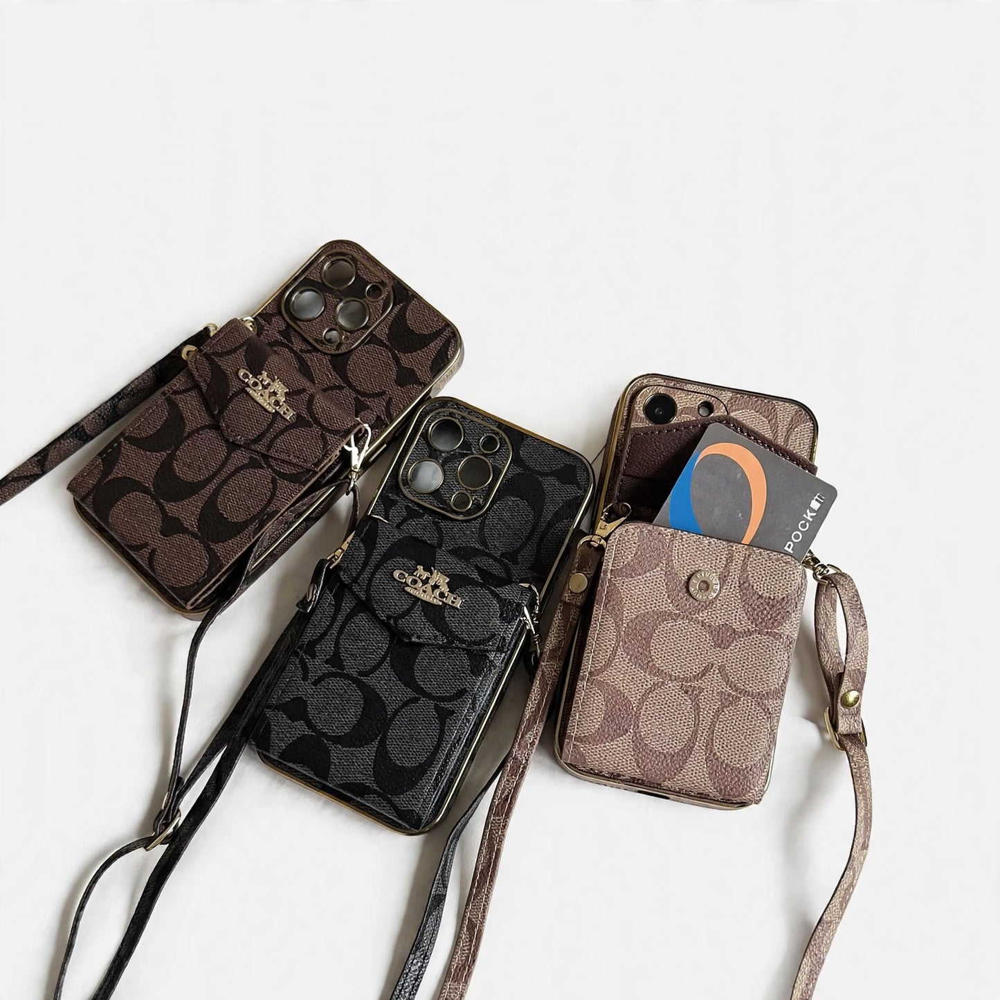 Coach Luxury Logo Accordion Card Holder Leather Crossbody Apple iPhone Case