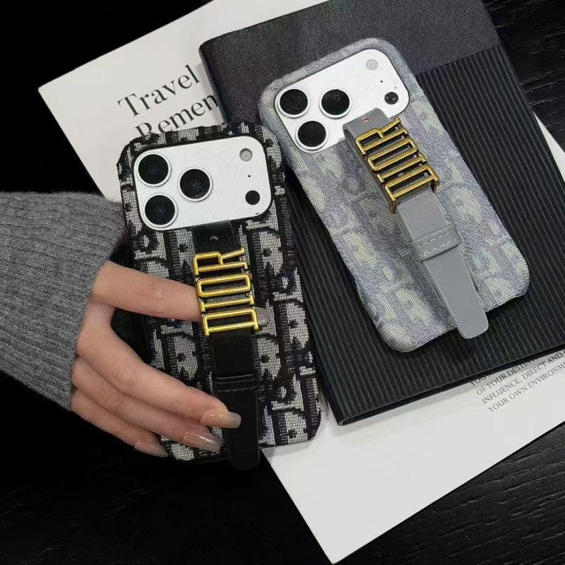 Luxury Case with Adjustable Gold-Tone Hand Strap For iPhone 12-17 Series