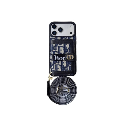 Dior Leather Phone Case With Card Wallet And Strap For iPhone 17 / 16 / 15 / 14