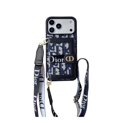 Dior Leather Phone Case With Card Wallet And Strap For iPhone 17 / 16 / 15 / 14