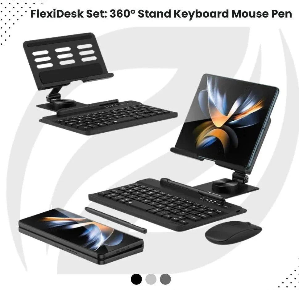 FlexiDesk Z Fold Wireless Keyboard, 360° Stand, Mouse, Pen Set theroxymob