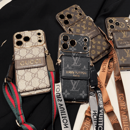 GG Premium Leather iPhone 17 Case with Card Holder and Shoulder Strap