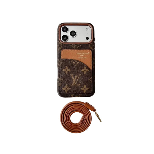 Luxury Monogram Cardholder Case with Lanyard Strap For iPhone 13-18 Pro & Pro Max