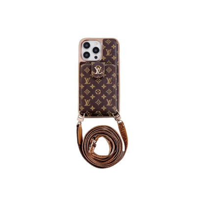 Monogram Canvas Leather Button Card Holder Crossbody iPhone Case 12-18 Pro & Pro Max