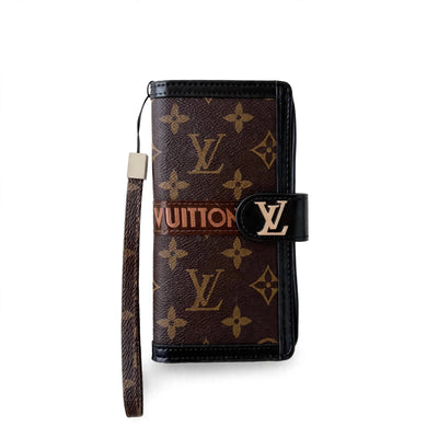 Premium Genuine Leather Monogram Canvas Wallet Card Holder for iPhone 14-18 Pro & Pro Max