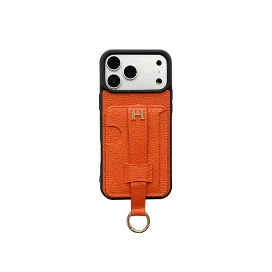 Luxury Pebbled Leather iPhone Case with Wallet Pocket Hand Strap