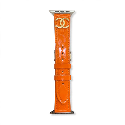 Glossy Leather Apple Watch Strap Luxury Metal Logo