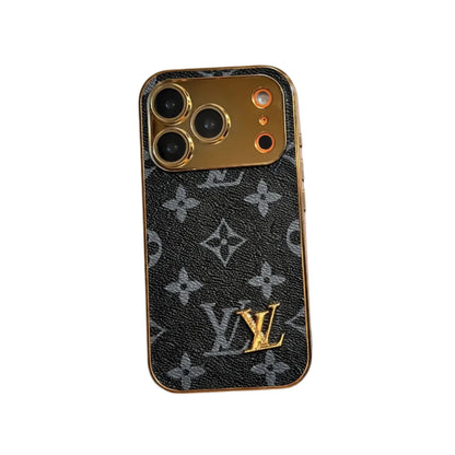 Elite Monogram Leather-Texture iPhone Case with Gold Accents