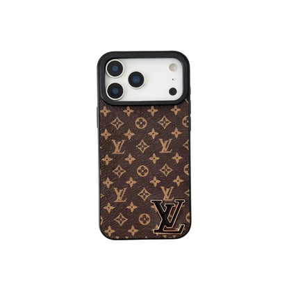 Luxury Brand Leather with Black Logo Phone Case for iPhone 13-17