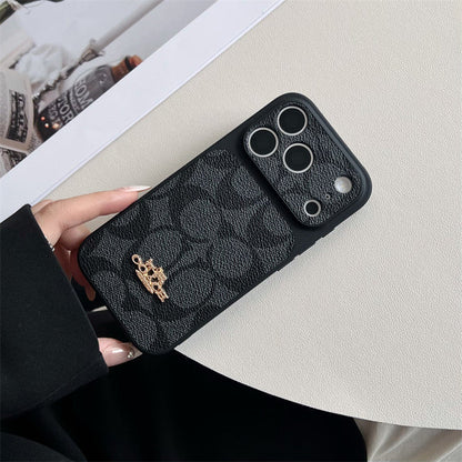 Premium Embossed Leather Phone Case with Gold Emblem For iPhone 13-17 with Gold Logo