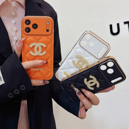 Leather Chanel Phone Case Diamond Logo with Gold Label For iPhone 17/ 16 /15 / 14