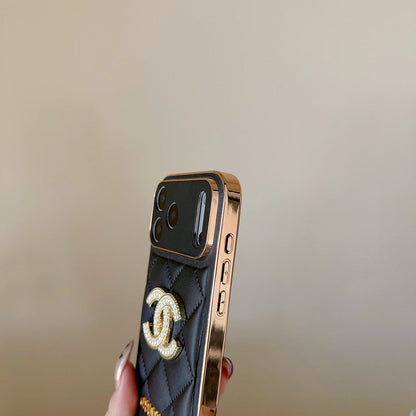 Leather Chanel Phone Case Diamond Logo with Gold Label For iPhone 17/ 16 /15 / 14