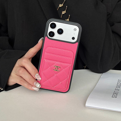 Leather Phone Case and Two Card Slots with Gold Label For iPhone 17/ 16 /15 / 14