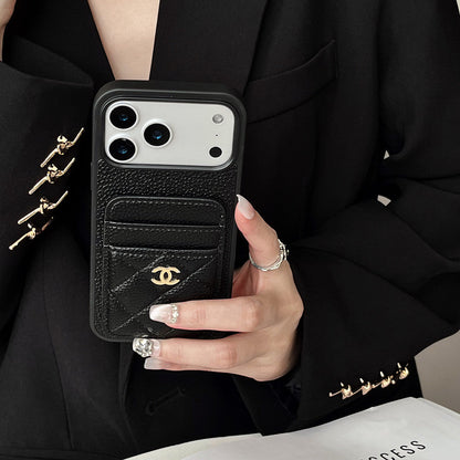 Leather Phone Case and Two Card Slots with Gold Label For iPhone 17/ 16 /15 / 14